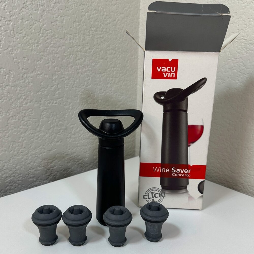 Vacu Vin Wine Saver Concerto Vacuum Pump Set with 4 Grey Stoppers - Black